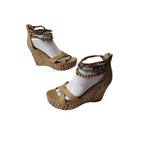 getmorebeauty Women Sz EU 40 US 9 Wedge Beige Multicolor Beads Platform Sandals
